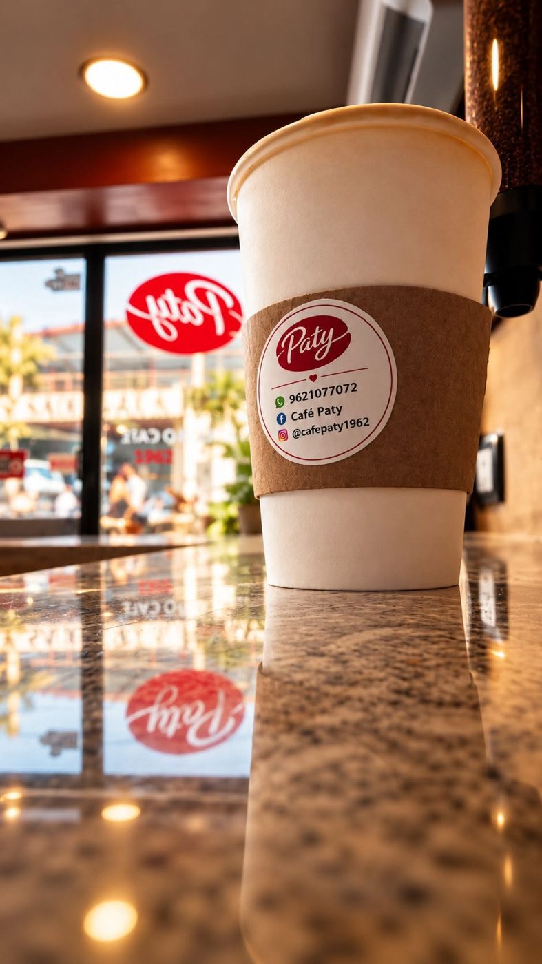 Vaso de café Paty sobre la barra de la cafetería
